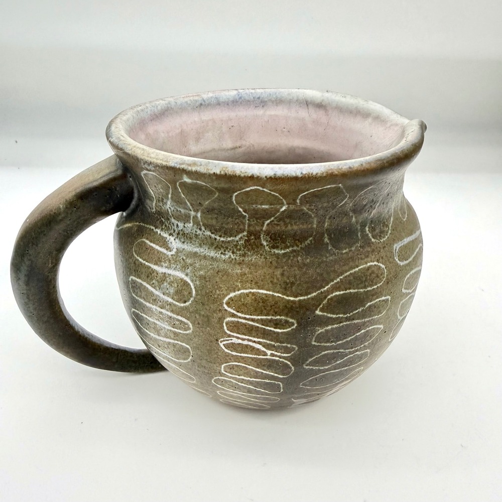 Signed Art Pottery Pitcher 4x5.5in Ceramic Sgraffito Loop Green Brown